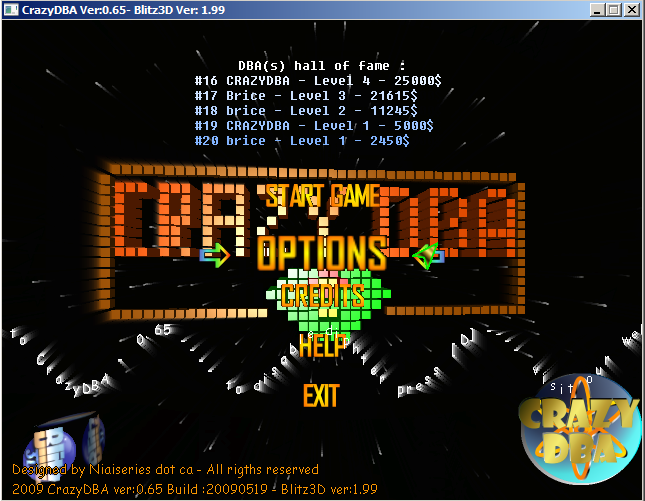 CrazyDBA Menu screen